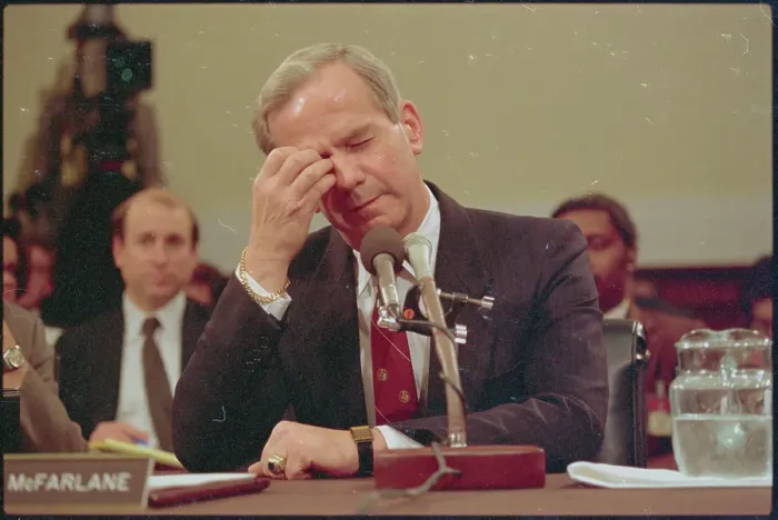 Framed Print : Robert McFarlane Testifying at Microphones