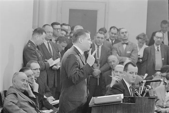 Framed Print : Robert McNamara Giving News Conference Framed Print : Robert McNamara Giving News Conference