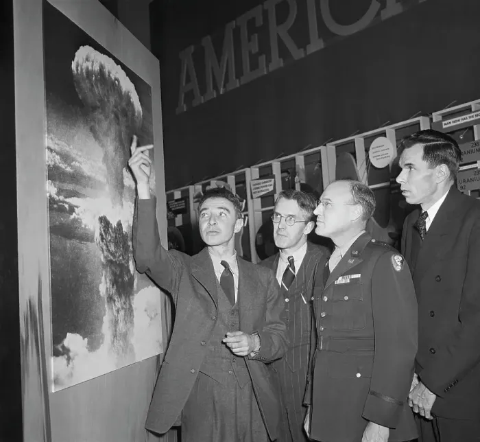 Framed Print : Robert Oppenheimer Pointing to Picture of Hiroshima Blast Framed Print : Robert Oppenheimer Pointing to Picture of Hiroshima Blast