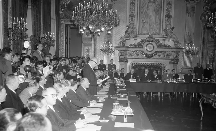 Framed Print : Robert Schuman Adresses Meeting Framed Print : Robert Schuman Adresses Meeting