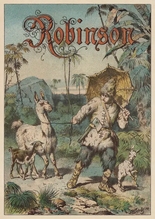 Framed Print : Robinson Crusoe, chromolithograph, published in 1893 Framed Print : Robinson Crusoe, chromolithograph, published in 1893