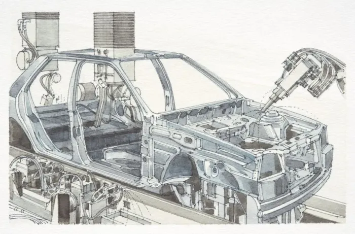 Framed Print : Robots manufacturing car on production line, side view Framed Print : Robots manufacturing car on production line, side view