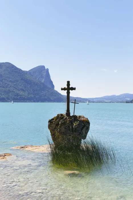 Framed Print : Rock with a cross, Mondsee Lake, Salzkammergut, Salzburg State, Upper Austria, Austria Framed Print : Rock with a cross, Mondsee Lake, Salzkammergut, Salzburg State, Upper Austria, Austria