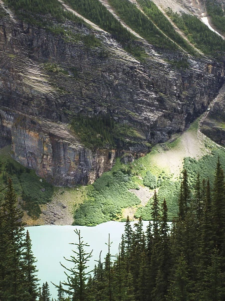 Rock face over green lake and pine trees, with interesting light