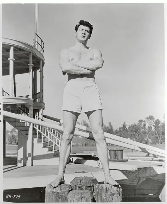 Framed Print : Rock Hudson Posing in Swimming Trunks Framed Print : Rock Hudson Posing in Swimming Trunks