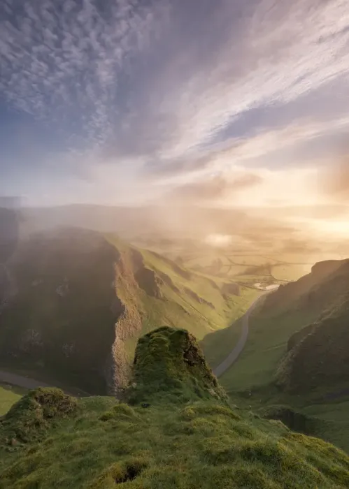 Framed Print : Rock and mist on Winnats Pass at sunrise, English Peak District. UK Framed Print : Rock and mist on Winnats Pass at sunrise, English Peak District. UK