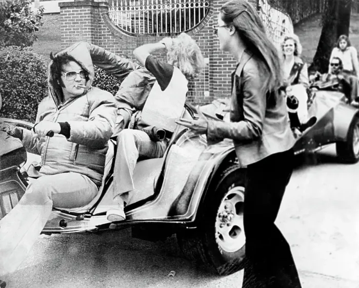 Framed Print : Rock and roll singer Elvis Presley leads a caravan of 3-wheelers Framed Print : Rock and roll singer Elvis Presley leads a caravan of 3-wheelers