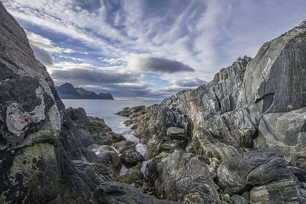 Rock structures on the coast near Husoey, Senja Island, Troms, Norway