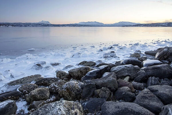 Rocks on the coast in winter, Lofoten, Norway