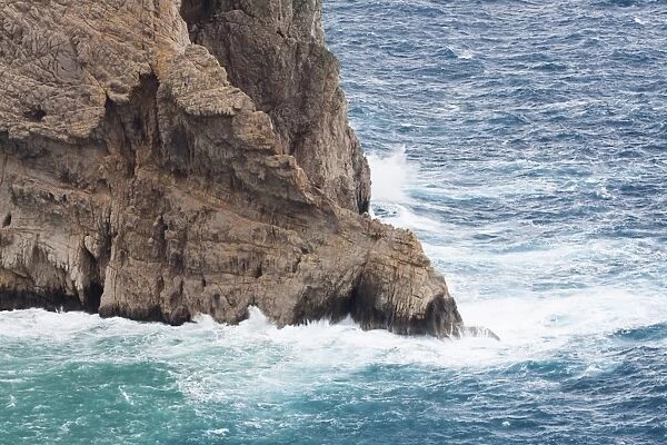 Rocky cliff with strong waves at the Cap de Formentor, Port de PollenAzAza, Majorca, Balearic Islands, Spain, Europe