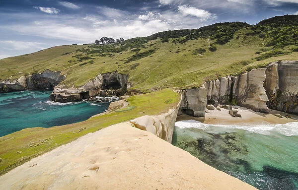 Rocky cliffs of the Pacific coast at Tunnel Beach, Dunedin, Otago Region, South Island, New Zealand