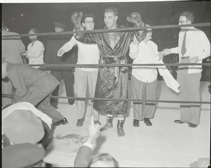 Framed Print : Rocky Marciano Raising His Fists After Win Framed Print : Rocky Marciano Raising His Fists After Win