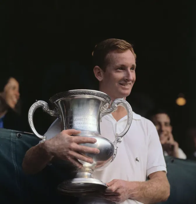 Framed Print : Rod Laver Smiling with U.S. Open Trophy