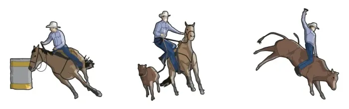 Framed Print : Rodeo riders, barrel racing, tie-down and bull riding