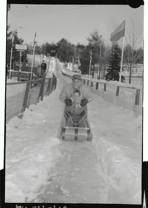 Framed Print : Roger Maris Pushing His Wife on Toboggan Framed Print : Roger Maris Pushing His Wife on Toboggan