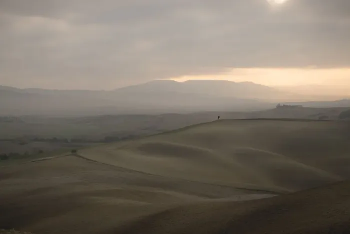 Framed Print : Rolling hills landscape of Val d Orcia during morning haze Framed Print : Rolling hills landscape of Val d Orcia during morning haze