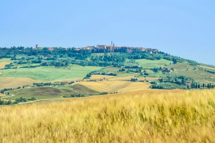 Framed Print : Rolling landscape in Val d Orcia, Tuscany, with Pienza in the background, Italy Framed Print : Rolling landscape in Val d Orcia, Tuscany, with Pienza in the background, Italy