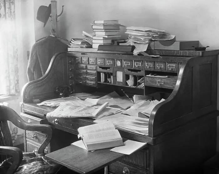 Framed Print : Rolltop Desk Littered with Books and Papers Framed Print : Rolltop Desk Littered with Books and Papers