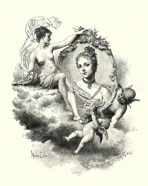 Roman gods Mercury, Venus, Cupid surrounding a young woman
