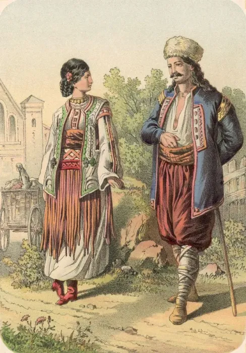 Framed Print : Romanians. 1878: A Romanian man and woman, both wearing broad sashes Framed Print : Romanians. 1878: A Romanian man and woman, both wearing broad sashes