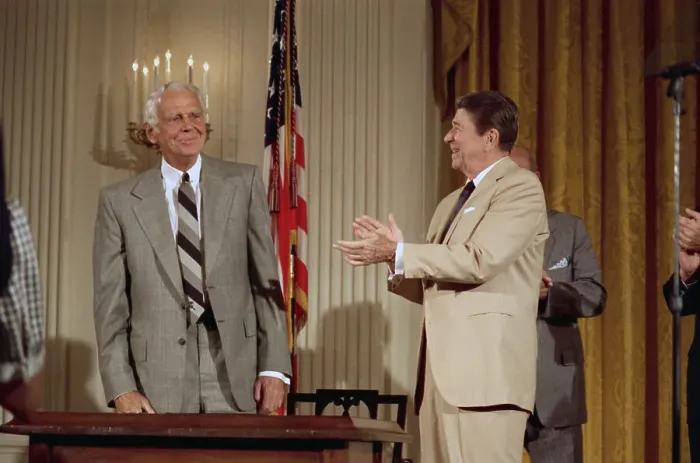 Framed Print : Ronald Reagan Applauds Clark Clifford Framed Print : Ronald Reagan Applauds Clark Clifford