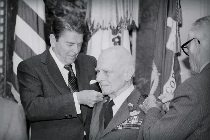 Framed Print : Ronald Reagan Awarding Medal to General Framed Print : Ronald Reagan Awarding Medal to General