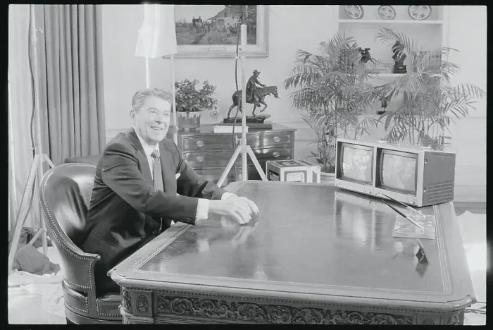 Framed Print : Ronald Reagan Conversing Long Distance at Desk Framed Print : Ronald Reagan Conversing Long Distance at Desk
