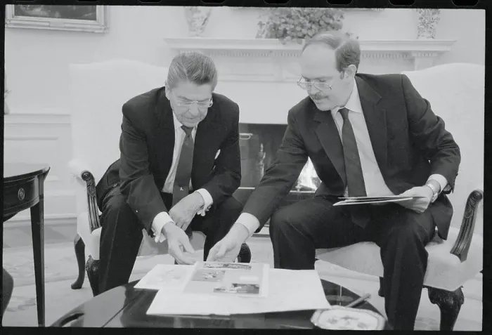 Framed Print : Ronald Reagan Conversing with Peter McPherson Framed Print : Ronald Reagan Conversing with Peter McPherson