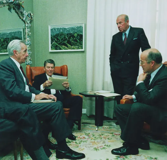 Framed Print : Ronald Reagan Conversing with Others at Reykjavik Summit Framed Print : Ronald Reagan Conversing with Others at Reykjavik Summit