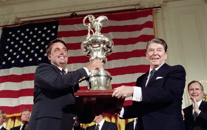 Framed Print : Ronald Reagan and Dennis Conner Holding Trophy Framed Print : Ronald Reagan and Dennis Conner Holding Trophy