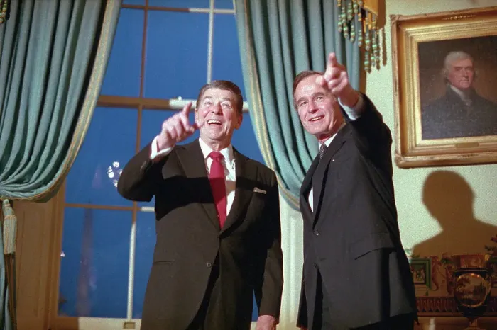 Framed Print : Ronald Reagan and George Bush Pointing Framed Print : Ronald Reagan and George Bush Pointing