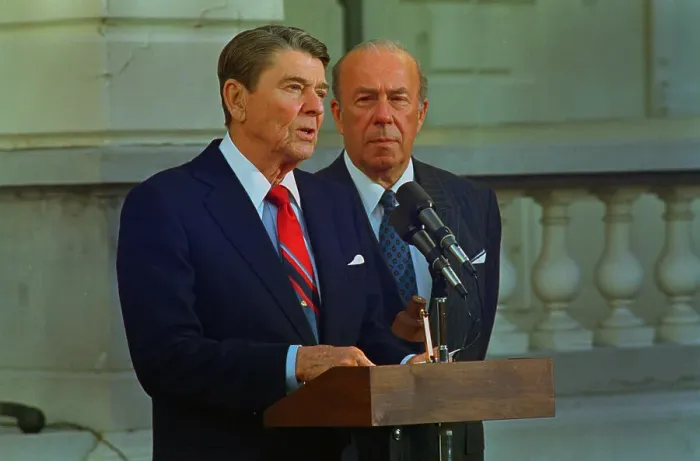 Framed Print : Ronald Reagan with George Shultz Framed Print : Ronald Reagan with George Shultz