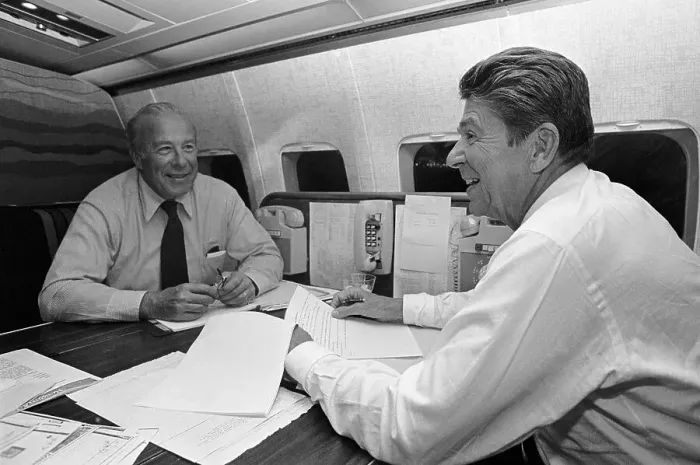 Framed Print : Ronald Reagan and George Shultz Smiling Framed Print : Ronald Reagan and George Shultz Smiling
