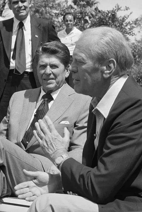 Framed Print : Ronald Reagan and Gerald Ford with Press Framed Print : Ronald Reagan and Gerald Ford with Press