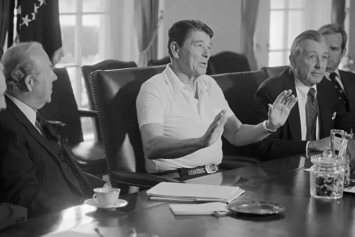 Framed Print : Ronald Reagan Gesturing During Conference Framed Print : Ronald Reagan Gesturing During Conference