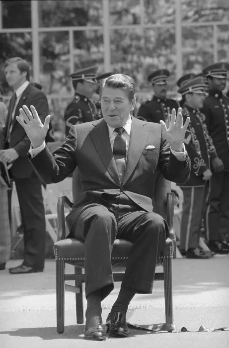 Framed Print : Ronald Reagan Gesturing During Outdoor Event Framed Print : Ronald Reagan Gesturing During Outdoor Event