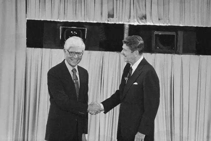 Framed Print : Ronald Reagan Grasping Hand of John Anderson