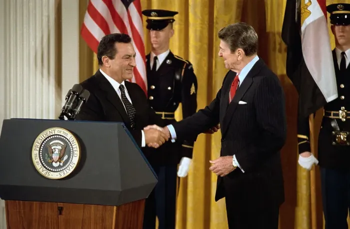 Framed Print : Ronald Reagan and Hosni Mubarak Shaking Hands Framed Print : Ronald Reagan and Hosni Mubarak Shaking Hands