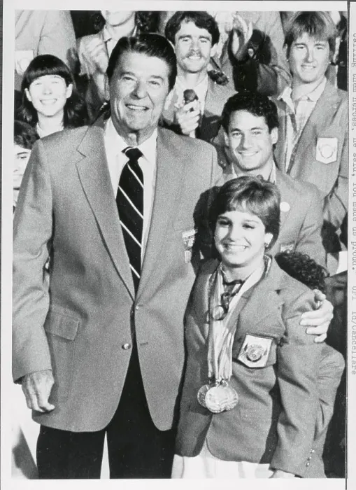 Framed Print : Ronald Reagan Hugging Mary Lou Retton