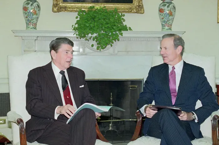 Framed Print : Ronald Reagan and James Baker III Conversing Framed Print : Ronald Reagan and James Baker III Conversing