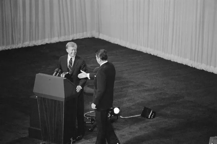 Framed Print : Ronald Reagan and Jimmy Carter Shake Hands Before Debate Framed Print : Ronald Reagan and Jimmy Carter Shake Hands Before Debate