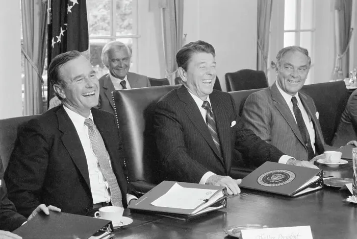 Framed Print : Ronald Reagan Laughing During Cabinet Session Framed Print : Ronald Reagan Laughing During Cabinet Session