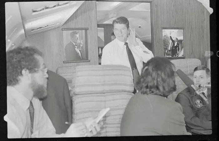 Framed Print : Ronald Reagan Listening to Reporter's on Air Force One Framed Print : Ronald Reagan Listening to Reporter's on Air Force One