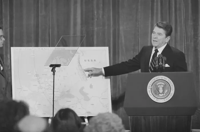 Framed Print : Ronald Reagan With Map of Soviet Union