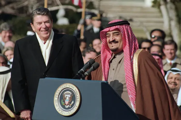 Framed Print : Ronald Reagan near Podium with King Fahd Speaking Framed Print : Ronald Reagan near Podium with King Fahd Speaking