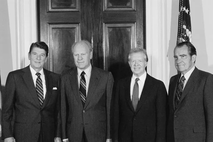 Framed Print : Ronald Reagan Posing with Former Presidents Framed Print : Ronald Reagan Posing with Former Presidents