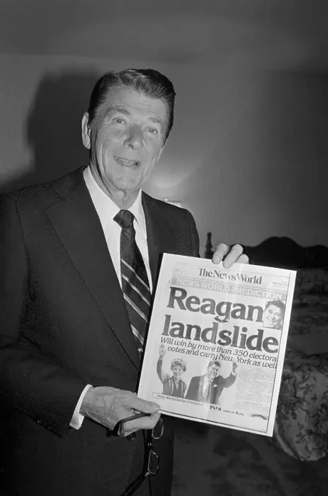 Framed Print : Ronald Reagan Presenting Victory Headlines Framed Print : Ronald Reagan Presenting Victory Headlines