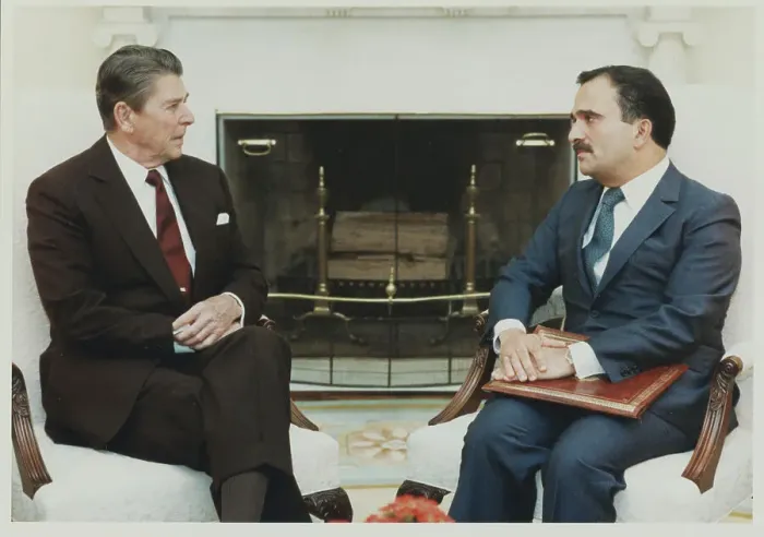 Framed Print : Ronald Reagan and Prince Hassan Conversing
