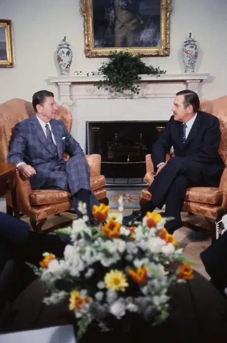Framed Print : Ronald Reagan and R.F. Botha Chatting