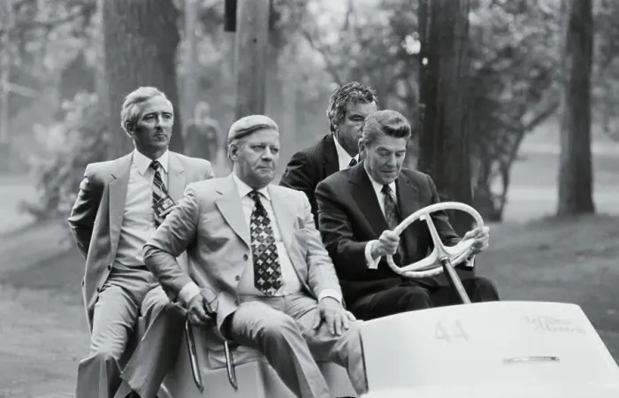 Framed Print : Ronald Reagan Riding in Golf Cart with Helmut Schmidt Framed Print : Ronald Reagan Riding in Golf Cart with Helmut Schmidt